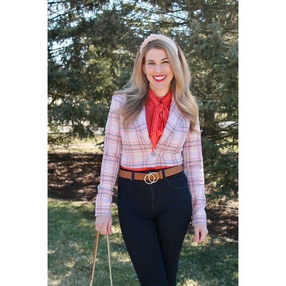 Cabi Playdate Pink Purple Plaid Crop Jacket Wide Leg Pants Outfit Set Size M - Picture 2 of 14